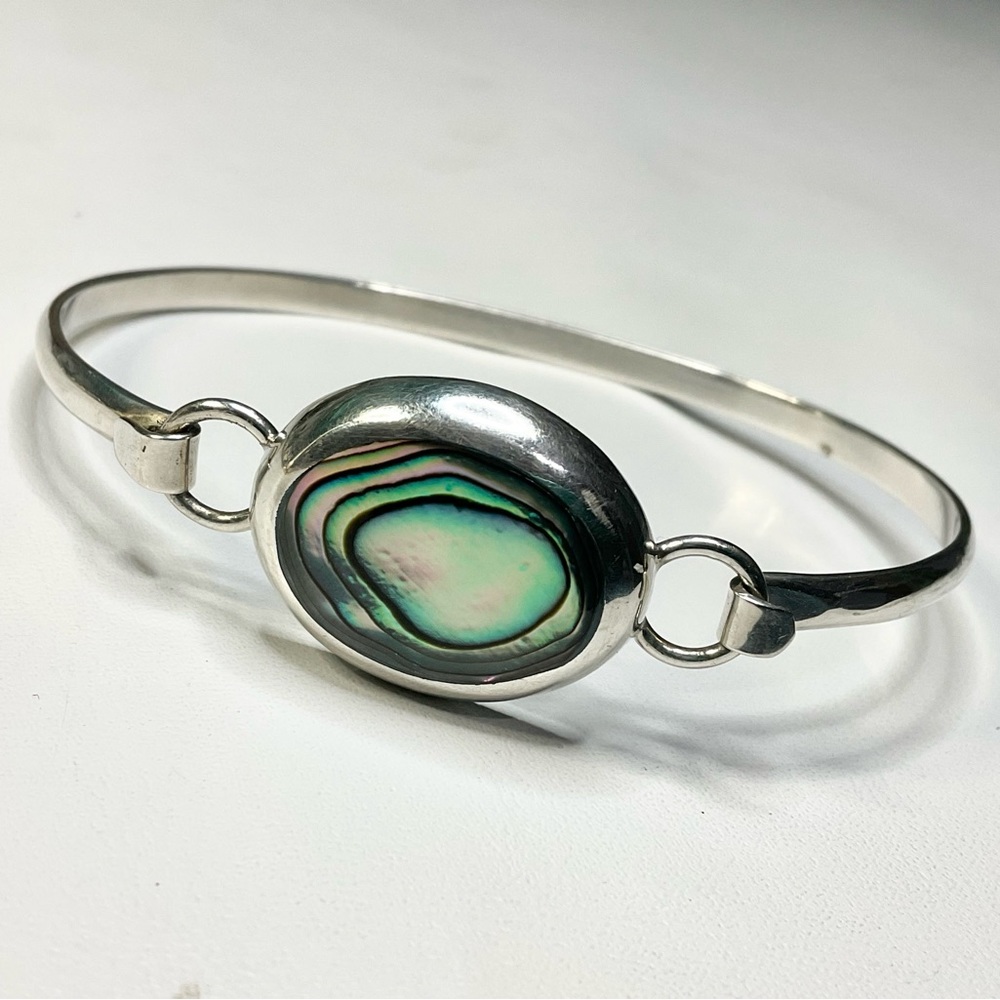 Vtg Sterling Silver Abalone Bangle Mexican Silver Bracelet
